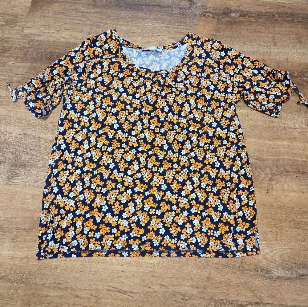 Michael Kors Orange and White Em Floral Short Sleeve Boxy Blouse